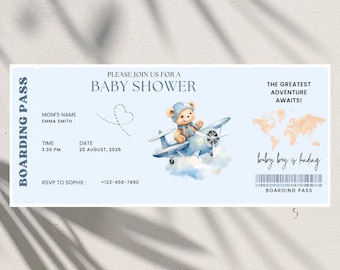 Boarding Pass Baby Shower Invite, Original Travel Baby Shower Invitation, Teddy Bear In A Plane, Blue Invite Boy, Editable Canva Template