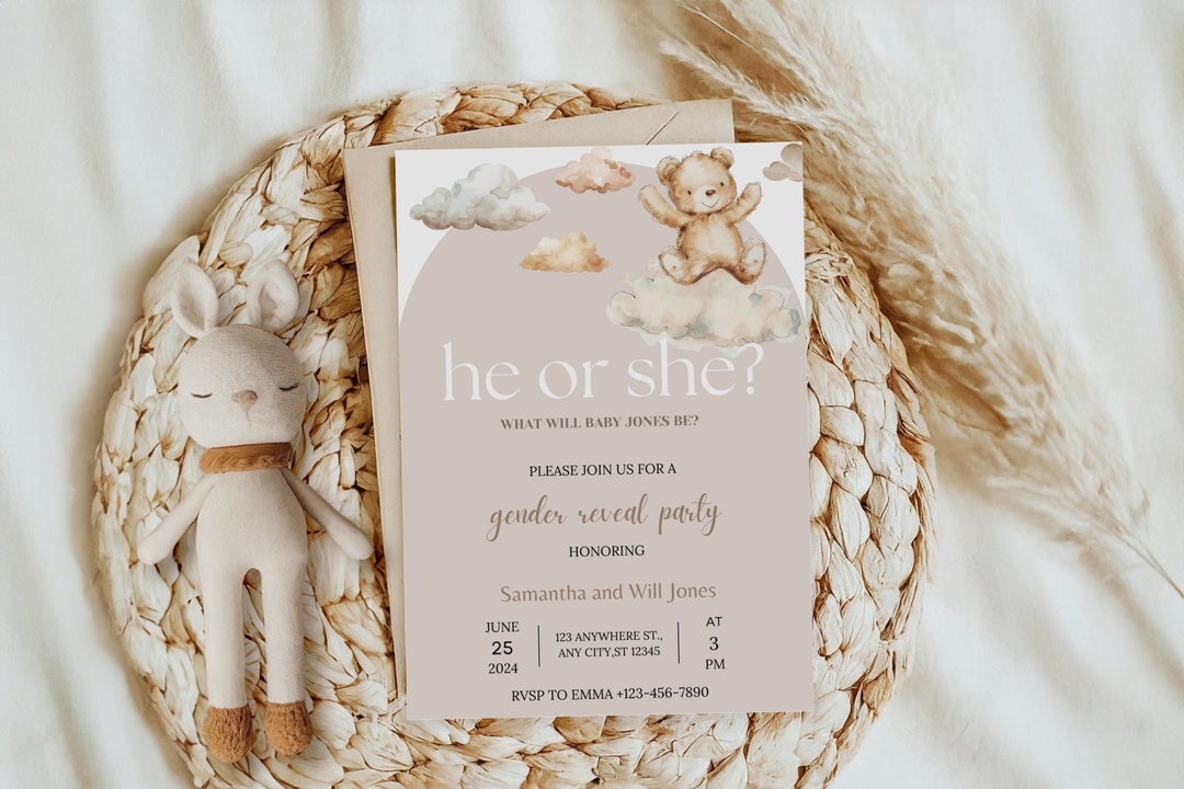 Gender Reveal Party Invitation Teddy Bear Sleeping on Cloud He or She ...