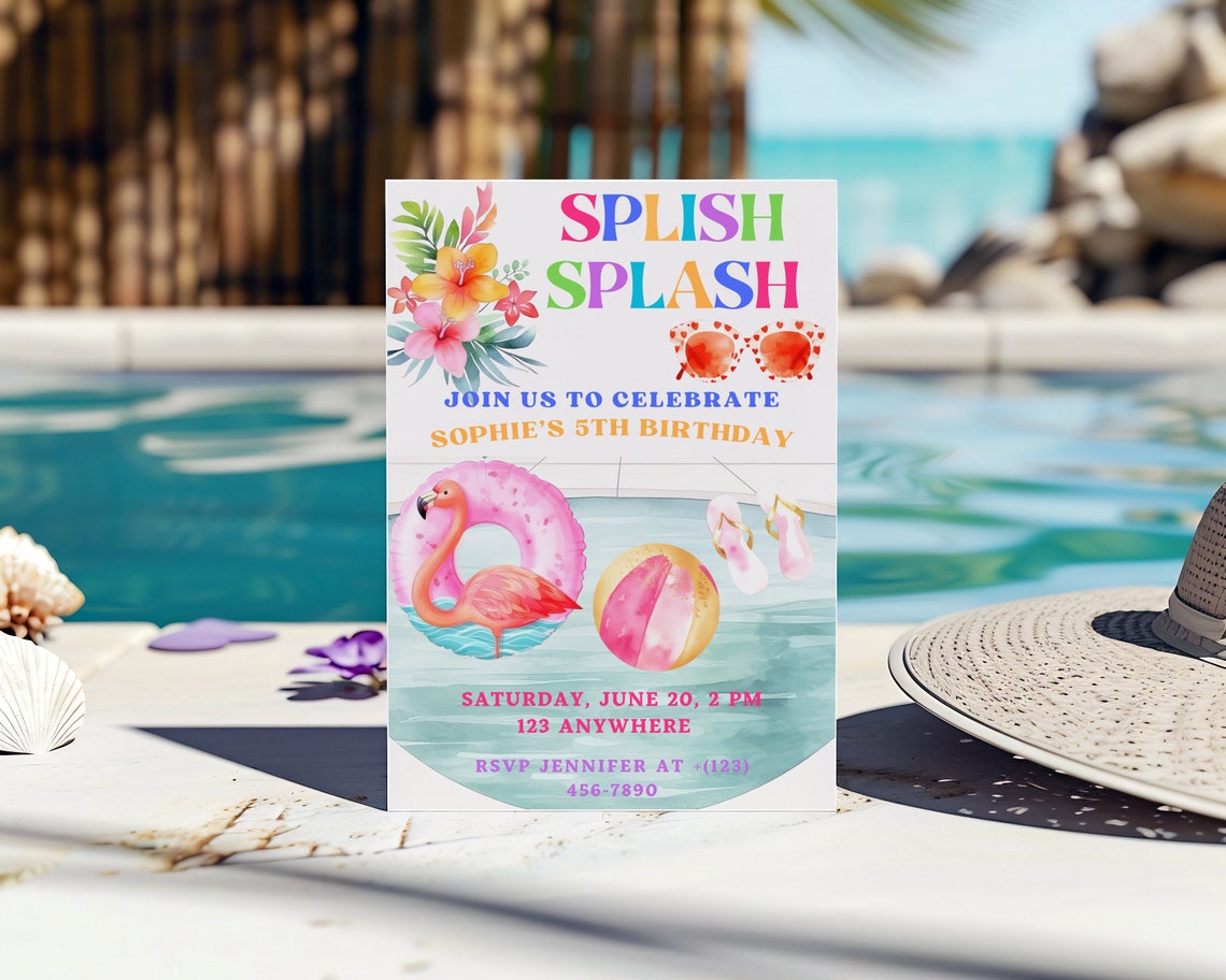 Floating Invite Summer Pool Party Invitation, Splish Splash Birthday Invite for Girls ...
