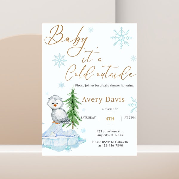 Editable Baby Shower Invitation, Baby Its Cold Outside, Winter Theme, Owl Ice Snowflakes, Canva Template, Digital Invite, Instant Download