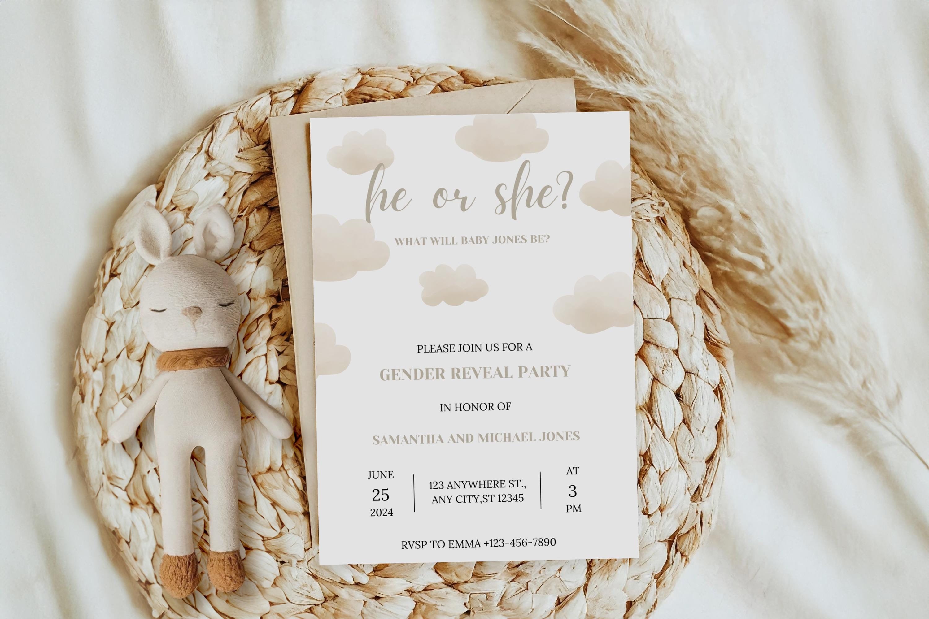 Gender Reveal Party Invitation Clouds He or She? Boy or Girl? Neutral ...