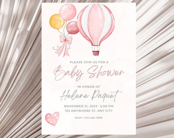 Editable Baby Shower Invitation Pink Hot Air Balloon, Baby Shower Invite Girl, Canva Template, Digital Invite