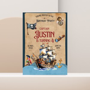 Pirate, invitation à une fête au trésor, chasse au trésor, bateau drapeau perroquet, personnalisable modifiable