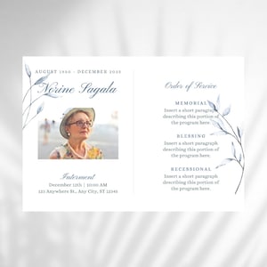 Modèle de programme de funérailles, service commémoratif, fleurs bleues, ordre des services funéraires, téléchargement immédiat