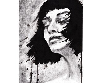 Ink and charcoal original portrait drawing of a woman - powerful stylized female portrait, black and white and color