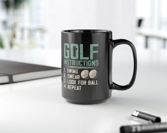 Funny Golf Mug: Black Ceramic with 'Golf Instructions' Design