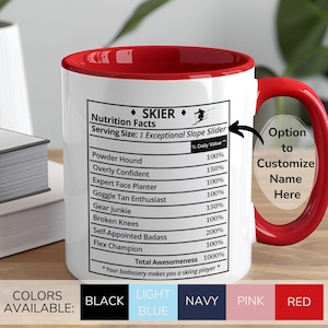 Skier Nutritional Facts Label Mug, Personalized Mug, Gifts for Skiers, Snow Ski Mug, Custom Ceramic Mug, Ski Lover, Gifts for Teen Boys