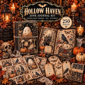 Può includere: Un kit per junk journal Hollow Haven con 250 pagine di carta stampabile, effimeri, etichette ed elementi 3D. La collezione include libri illustrati, cartoline ed etichette con motivi di fantasmi, corvi, zucche e foglie autunnali in toni scuri.