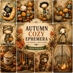 Può includere: Una collezione di carta digitale e pagine di diario intitolata AUTUMN COZY EPHEMERA 200 PAGES. Il collage presenta illustrazioni di un gatto nero sulla luna, zucche, una mummia, un topo con sciarpa e foglie autunnali.