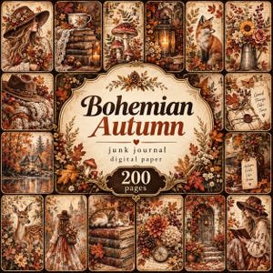 Può includere: Una raccolta di carte digitali per un junk journal intitolato Bohemian Autumn, con 200 pagine di illustrazioni a tema autunnale tra cui una volpe, un cervo, funghi, lanterne, libri e persone con cappelli circondate da foglie e fiori.