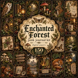 Può includere: Un kit di junk journal digitale intitolato Enchanted Forest contenente 150 pagine di immagini a tema naturale, tra cui gufi, conigli, volpi, cervi, funghi, lanterne e paesaggi boschivi con texture di carta vintage e illustrazioni botaniche.