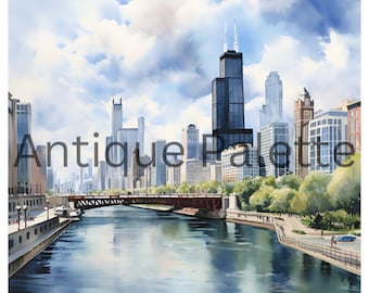 Chicago Watercolor Digital Art Print Chicago River Wall Décor Instant Download Painting Chicago Cityscape Printable Wall Art