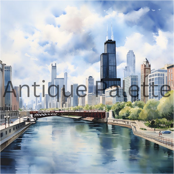 Chicago Watercolor Digital Art Print Chicago River Wall Décor Instant Download Painting Chicago Cityscape Printable Wall Art