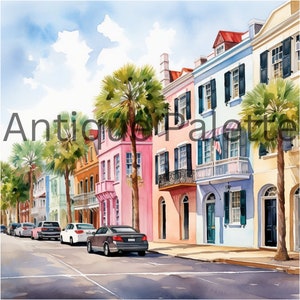 Rainbow Row Watercolor Digital Art Print Charleston Wall Décor Instant Download Painting Charleston SC Printable Wall Art