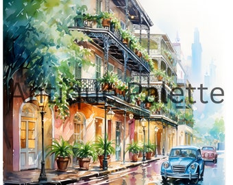 New Orleans Watercolor Digital Art Print Bourbon Street Wall Decor Instant Download Digital Painting Southern Charm Printable Wall Art