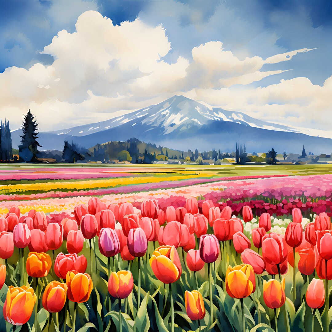 Watercolor Tulip Field Painting Nature Wall Art Unique Flower - Etsy