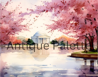 Cherry Blossom Watercolor Digital Art Print Washington DC Wall Decor Instant Download Digital Painting Cherry Blossom Printable Wall Art