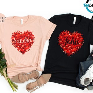 Custom Name with a Heart Shirt, Valentines Day Shirt, Personalized Couple Matching Shirt, Personalized Red Heart Valentine&#39;s Girl T-Shirt