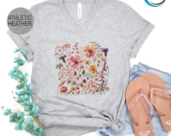 Vintage Pressed Flowers V-Neck, Wildflowers V-Neck, Garden V-Neck, Nature Lover V-Neck, Floral V-Neck, Valentines Day V-Neck