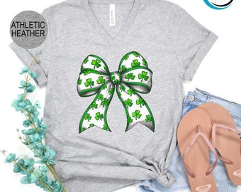 Cute Bow With Clover V-Neck, Cute St Patrick Day V-Neck, Four Leaf Clover V-Neck, Lucky Mama V-Neck, Retro Coquette St Patrick's Day V-Neck