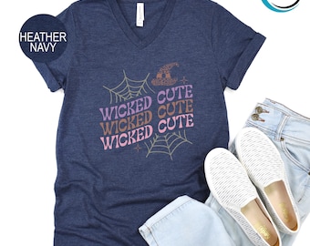 Wicked Cute V-Neck Shirt, Ghost Halloween V-Neck Shirt, Spooky Halloween V-Neck Shirt, Halloween Witch V-Neck Shirt, Witch V-Neck Shirt