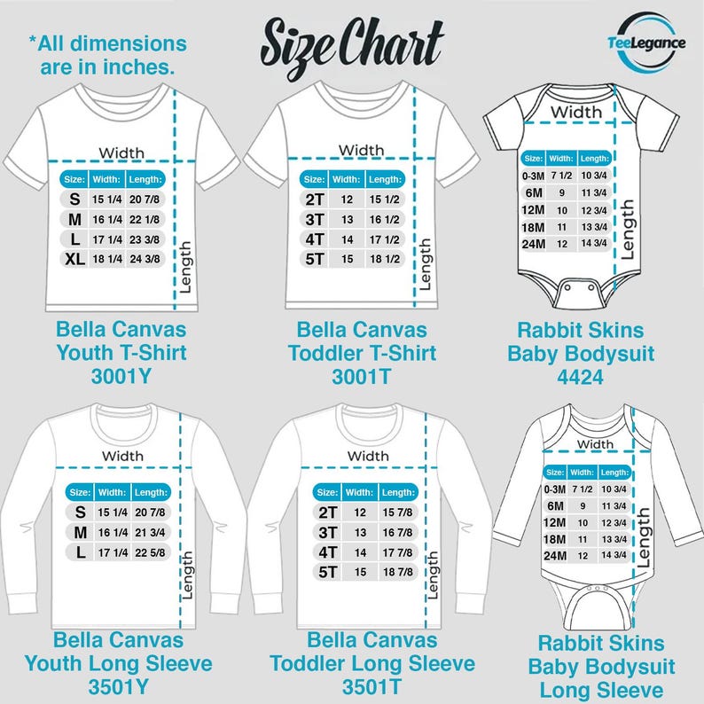 a baby bodysuit size chart with the names and measurements