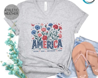 America Floral V-Neck Shirt, Patriotic Wildflower 4th of July V-Neck Shirt, America V-Neck, America Party V-Neck, Independence Day V-Neck