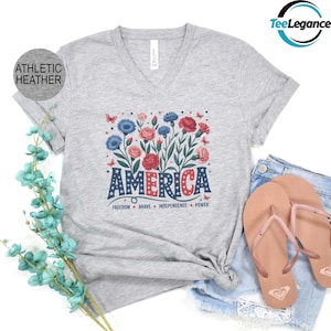 America Freedom Brave V-Neck Shirt, America Floral Patriotic V-Neck Shirt, Independence Power V-Neck Shirt, 4th Of July V-Neck Shirt