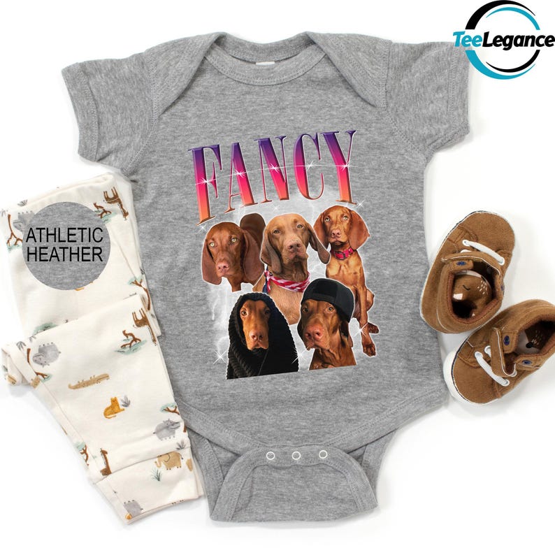 a baby bodysuit with a picture of dogs on it