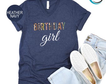 Leopard Birthday Girl V-Neck Shirt, Cute Birthday V-Neck Shirt, Happy Birthday V-Neck Shirt, Girl Birthday Party V-Neck, Birthday V-Neck
