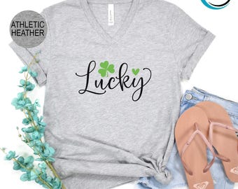 Lucky Shamrock V-Neck Shirt, St Patrick's Day V-Neck, Lucky Day V-Neck, Happy go Lucky V-Neck, Happy Shamrock V-Neck, Green Day V-Neck