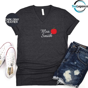 Teacher Apple Name Unisex V-Neck, Custom Teacher V-Neck, Teacher Appreciation V-Neck, Teacher Name V-Neck, Customized Teacher V-Neck
