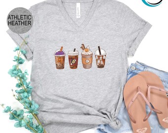 Halloween Coffee V-Neck Shirt, Fall Coffee V-Neck Shirt, Pumpkin Coffee V-Neck, Skull Coffee Cup V-Neck, Skeleton Halloween V-Neck Shirt