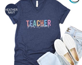 Personalized Teacher Name V-Neck T-Shirt, Custom Teacher V Neck, Teacher Appreciation Shirt, Teacher Name Shirt, Back To School Shirt