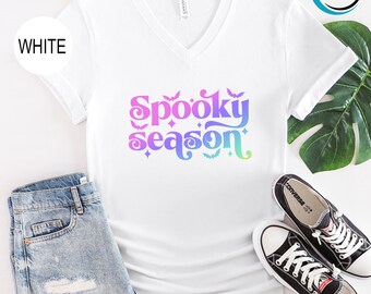 Custom Halloween V-Neck Shirt, Trick or Treat V-Neck Shirt, Spooky Mama V-Neck, Personalized Spooky Halloween V-Neck, Spooky Mini V-Neck