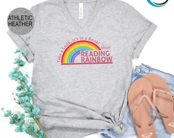 Take A Look It's In A Book Reading Rainbow V-Neck, Book Lover V-Neck, Bookworm V-Neck, Retro Librarian V-Neck, Teacher Appreciation V-Neck