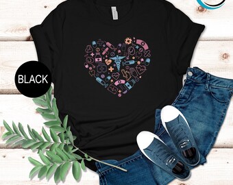Medical Themed Heart Design Unisex Tshirt, Heart Nurse Shirt, Cute Medical Icon Pattern Shirt, Healthcare Professionals Graphic Women Shirt