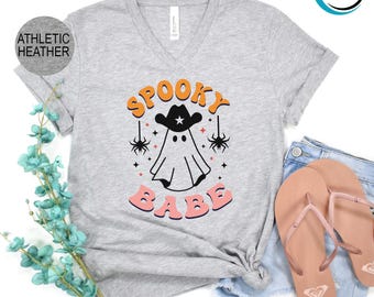 Spooky Babe V-Neck Shirt, Halloween Ghost V-Neck Shirt, Cowboy Girl V-Neck Shirt, Spooky Vibes V-Neck Shirt, Halloween Party V-Neck Shirt