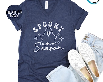 Spooky Season V-Neck Shirt, Halloween Spooky V-Neck Shirt, Ghost V-Neck Shirt, Cute Fall V-Neck Shirt, Cozy Season V-Neck Shirt