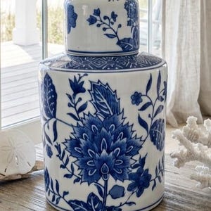 Vintage Formalities by Baum Bros Blue and White Porcelain Flat Back Ginger Jar Crescent Caddy 10"