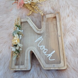 Alcancía infantil flores secas - decoración habitación bebé - Letra N nombre Noah