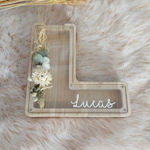 Alcancía infantil flores secas - decoración habitación bebé - Letra L nombre Lucas