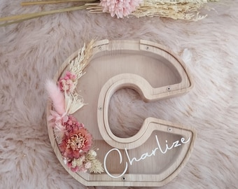 Tirelire lettre personnalisée bois fleurs séchées | Cadeau naissance bébé | Prénom enfant déco chambre bohème baptême - lettre C