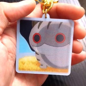 May include: Square keychain featuring a cartoon owl with large red eyes and gray and white striped feathers. The keychain has a gold-colored clasp and chain. The background shows a blue sky and yellow grass.