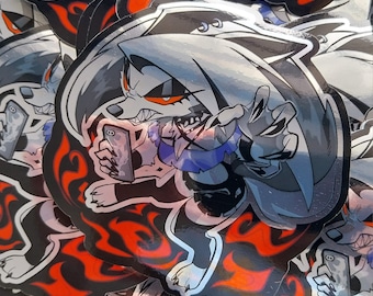 May include: A stack of stickers featuring a cartoon wolf character with red eyes, a black and white color scheme, and a red and black flame design. The wolf is holding a smartphone in its right paw and is making a gesture with its left paw.