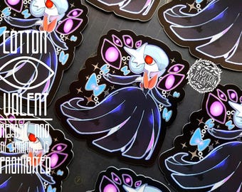 May include: A collection of stickers featuring a stylized illustration of a character with a white head, red eyes, and a dark blue dress. The stickers have a black background with purple eyes, blue butterflies, and the text "COTTON VALENT".