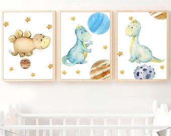 Space Themed Dinosaur Wall Decor Nursery Cartoon Dinosaur And Planets Wall Print Watercolor Dino And Planets Printable Dinosaur And Space