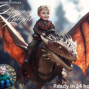 Custom Boy Riding Dragon Portrait Personalized Child Riding Dragon Portrait From Photo Birthday Holiday Gift for Sons Grandsons Nephews