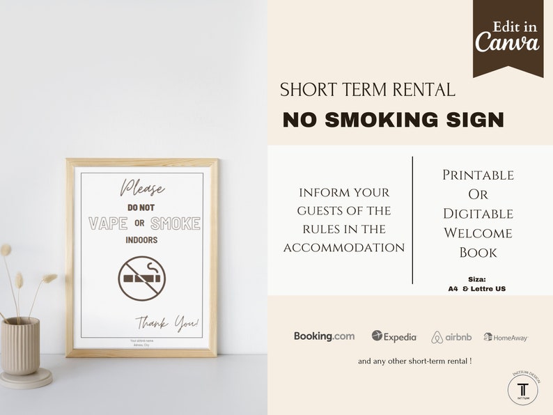 Airbnb No Smoking Sign Canva Template Vacation Rental Sign Etsy