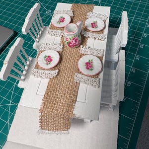 Miniature 1:12 scale burlap table runner with lace trim